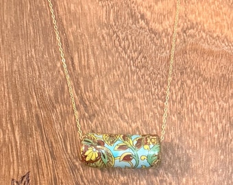 Antique Italian Hand-Painted Venetian Wooden Bead Pendant Necklace, New Dainty 24 Gold Plated 18” Long