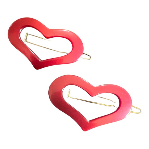 Vintage Pearlescant Red French Heart Barrettes, D… - image 1