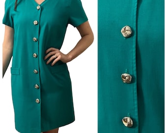 1990’s Vintage  Button Down Shirt Dress in Teal with Gold Buttons,  Short Sleeved, Large/Size 10