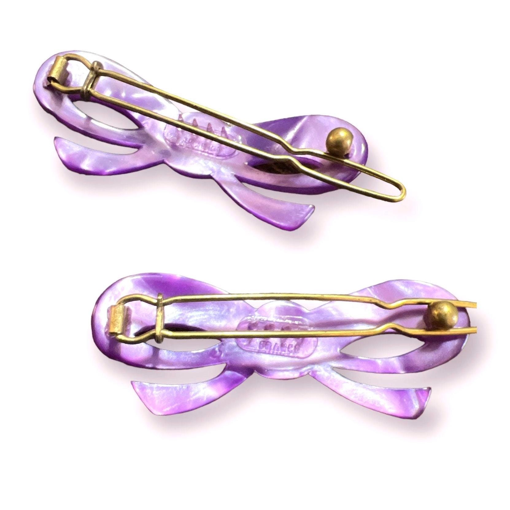 Vintage French Bow Barrettes in Pearlescant Purple, Pair  display picture 2
