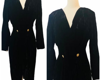1980’s Sexy Black Velvet Wiggle Dress with Long Sleeves and Plunge Neckline,  1950’s Inspired Cocktail Dress, Small Size 26” - 27” Waist