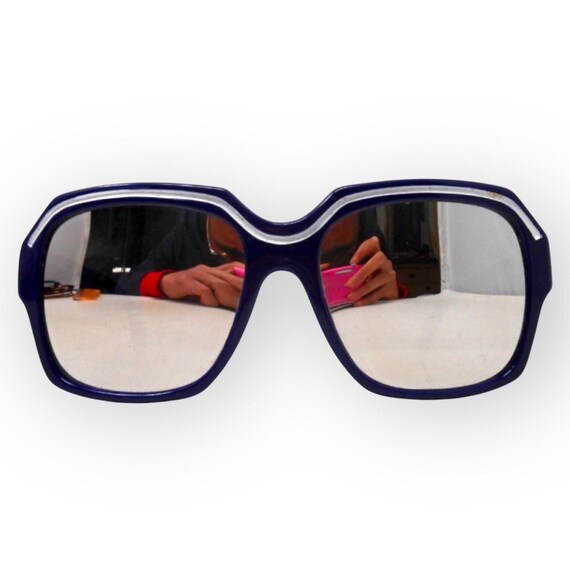 1970年代の特大ミラーレンズサングラス、ネイビーブルー＆ホワイト  