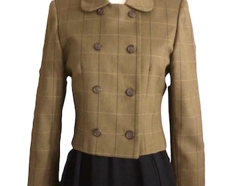 Vintage 1980’s Olive Green Plaid Jacket, Structured Double Breasted Plaid Cropped Jacket, 4P, Small