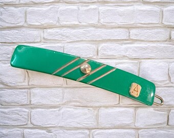 Vintage Alexandre de Paris Green and Gold Bar Barrette Wire Clasp, 2”, Deadstock Vintage Alexandre de Paris Hair Barrettes - felt main image 3