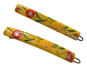 Horquillas francesas florales de los años 70 en color amarillo, 6,35 cm (2,5 pulgadas), nuevas, sin usar.