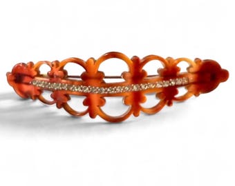 Glam 1950’s Carved French Barrette with Rhinestones in Tortoiseshell Color, 4” long, Deadstock