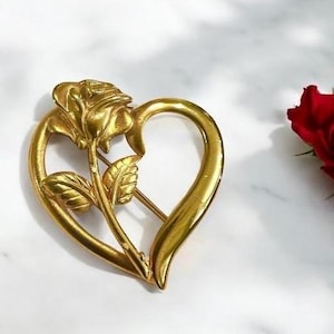 1980’s Gold Vintage Heart and Rose Brooch, Signed RDC, Goldtone, Vintage Valentines Heart Brooch Gift for  Her, Love