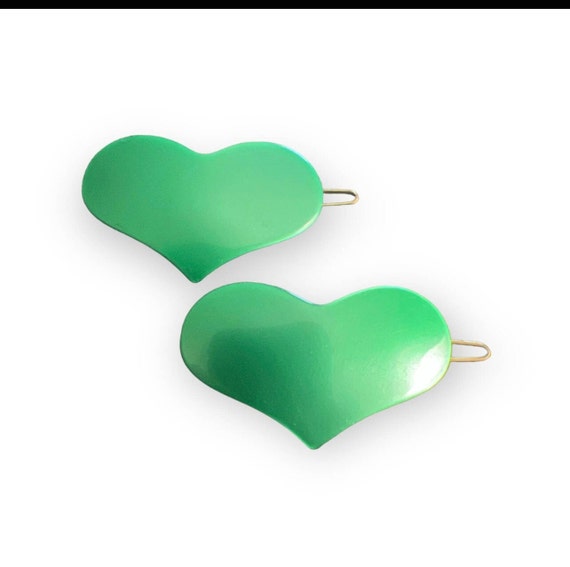 Vintage Pearlescant Green French Heart Barrettes,… - image 1