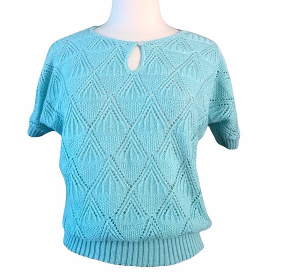 Vintage 1980’s Knit Short Sleeved Top, Blue, Med,… - image 1