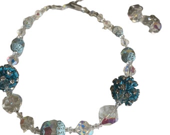 1950’s Clear & Blue Aurora Borealis Choker Necklace Earring Set, AB Single Strand Beaded Choker Necklace with Clip On Earrings