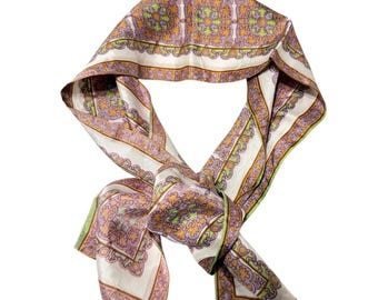 Pañuelo vintage de los años 60 para la cabeza o el cuello con estampado paisley en marrón, morado, blanco y verde, 101,6 cm (40 pulgadas)
