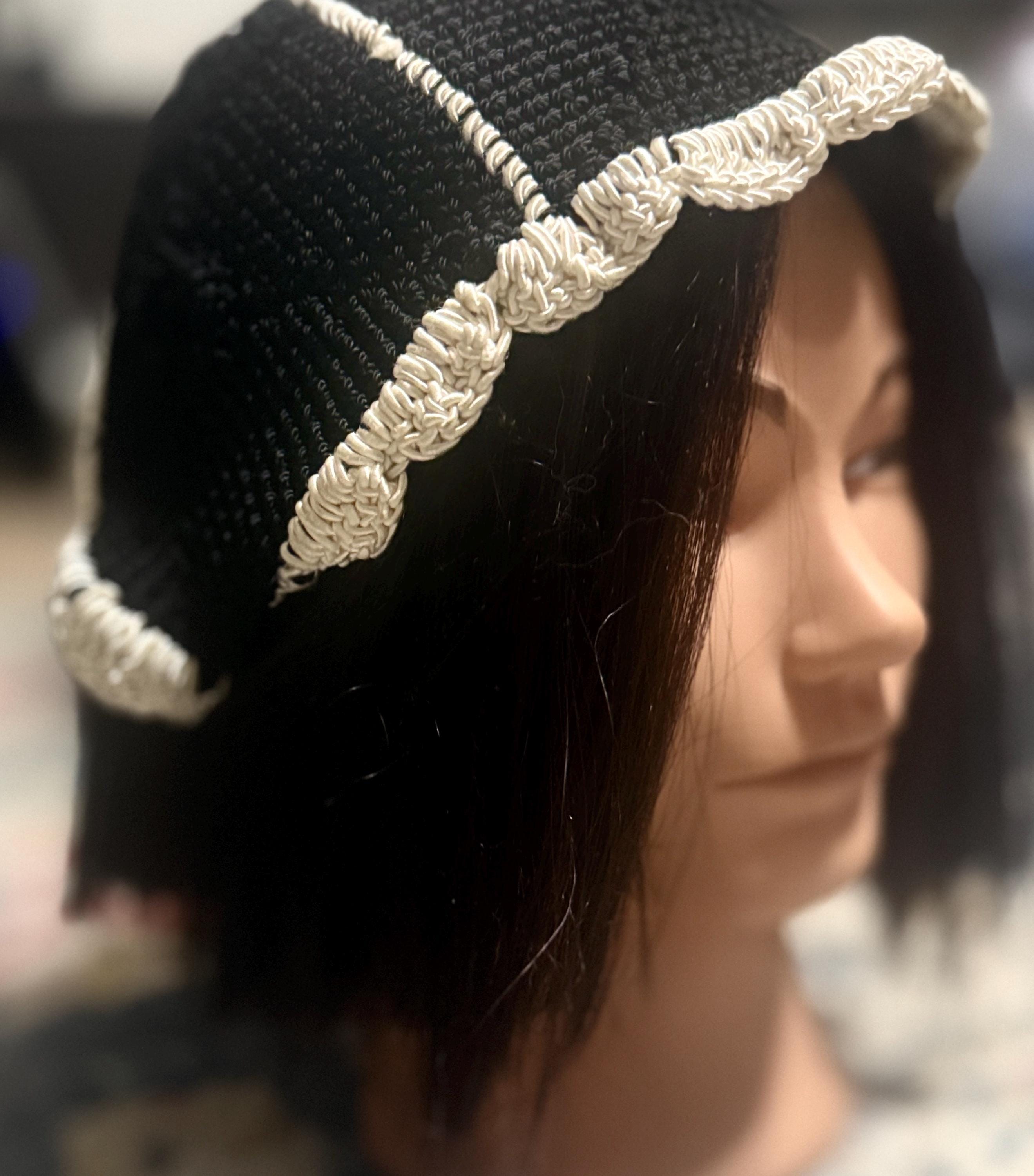 1920’s Antique Crochet Cloche Hat in Black with White Ruffle Trim, Handmade Black 1920s cloche hat with cotton and black lace – LaVieDelight main image 4