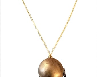 Vintage Brass Orb Functional Locket Pendant Necklace on a Dainty Gold Chain, Unique Circle Sphere Photo Locket or Memento Ashes Holder