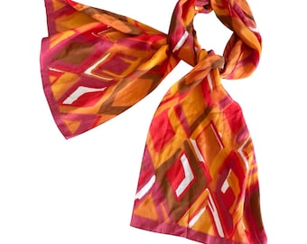 Pañuelo para la cabeza rectangular vintage en colores naranja y rojo, 152 cm de largo, estilo bohemio veraniego.