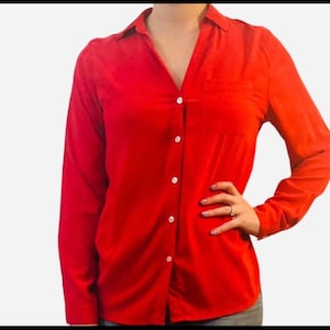 Vintage Bold Red Button Down Soft Silk Blouse with Long Sleeves and  Lightweight for year round wear, Vintage Silk Top, Size  Medium