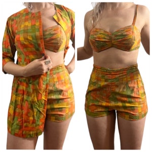 Rare 1950’s Three Piece Bathing Suit , Made in Hawaii, Rockabilly, Small, 26” W, The Liberty House Waikiki, Vintage Playsuit, VLV