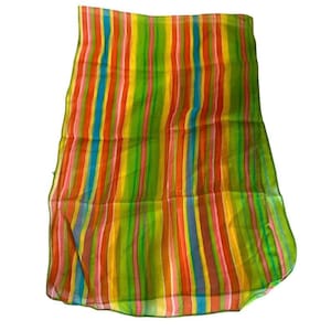May include: A colorful scarf with vertical stripes in shades of green, yellow, orange, red, pink, and blue. The scarf is made of a lightweight, sheer fabric.