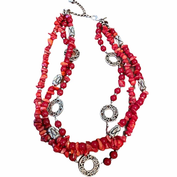 Vintage 3 Strand Red and Silver Beaded Necklace - image 1