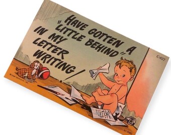 Vintage 1940’s Linen Postcard, Unused, Humor, Belated Vintage Postcard, Vintage Apology Stationary