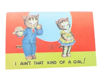 Vintage 1940’s Unused Linen Humor Postcard, I Ain’t That Kind of Girl! Flirty Dating Scene Gag Illustration, Vintage, New Old Stock