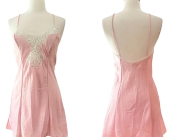 Vintage Pink Satin Slip Dress Chemise with White Lace Detail, Baby Pink, By Partners for Mervyns, Made in the USA , Small