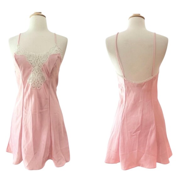 Vintage Pink Satin Slip Dress Chemise With White Lace Detail, Baby