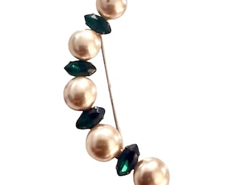 Broche vintage de los años 50 en forma de media luna con piedras verde esmeralda y perlas, broche de bisutería vintage.