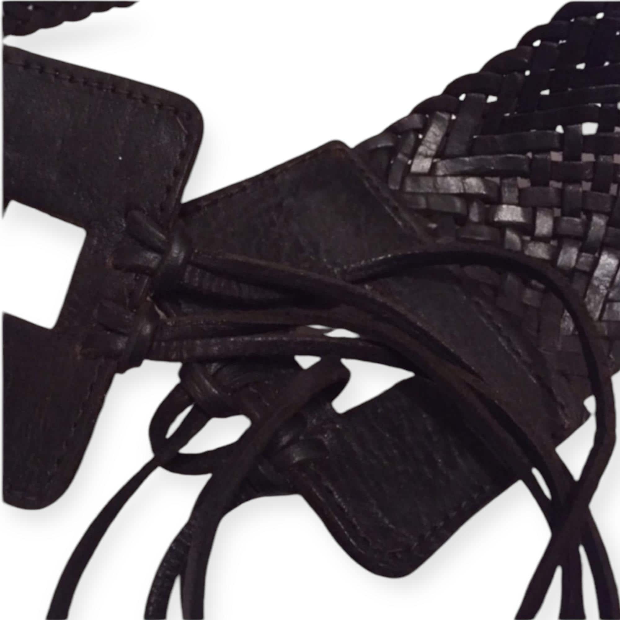 Y2K Bohemian Wide Leather Woven Hip Belt W/ Fringe in Black 