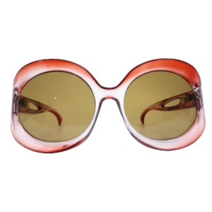 Vintage 1970s Oversized Sunglasses,  Thick Frames Gradient Reds, Pink &  Clear Sunglasses, Handmade in France, Mod Style Accessories