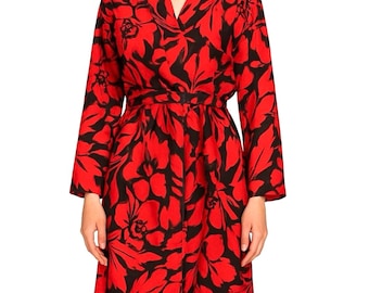 1980’s STE JAN-MARIE for Nieman Marcus Mini Kimono Inspired Robe, Swim Coverup in Bold Red, Black and Gold, Small/Medium