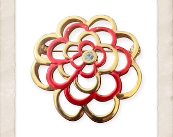 Vintage 80’s 90’s Red Enamel Flower Brooch | Gold Openwork Floral Pin with Rhinestone Center