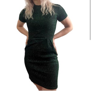 1950’s Green Lurex Bodycon Mini Dress, Vintage Wiggle Dress, Bombshell Mid Century Dress, Small