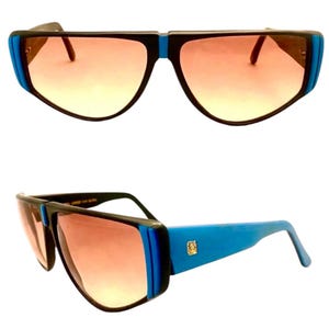 1980’s Ultra Italy by Enrica Massei Sunglasses, Angular Colorblock Blue and Black Sunglasses, Oversized Sunglasses, Deadstock