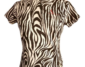 1990's Animal Print Fitted Top, Zip Neck, Small, Vintage Top