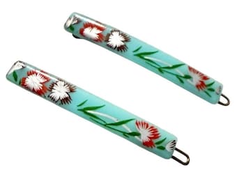 Horquillas francesas de los años 70 con estampado floral en color azul, 2,5 cm, nuevas, sin usar.