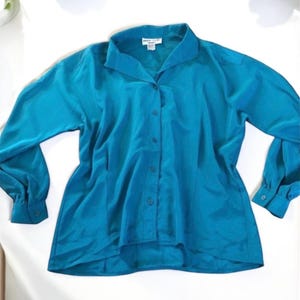 1980’s  PIERRE CARDIN Teal Button Down Long Sleeved Blouse, Medium, Vintage Secretary Look, Lightweight & Silky