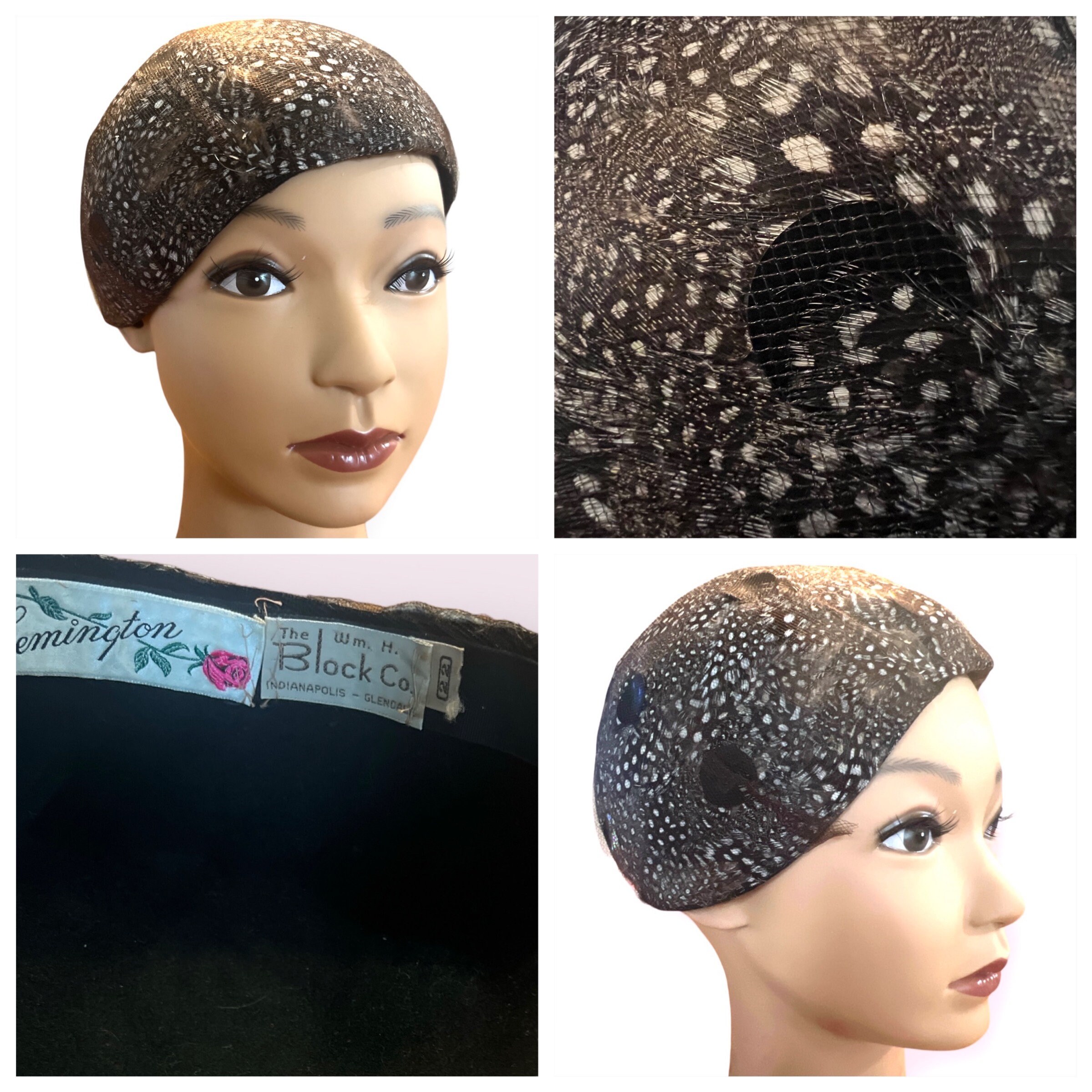 Lemington Vintage Cloque Hat- Feather, Netting & Sequin Disks, The Block Co. 1950 main image 4