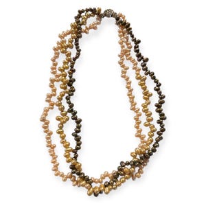 Freshwater Pearl Triple Strand Necklace in Pearlescent Two Tone, Artisan Made, 18” Long Multi Strand Necklace
