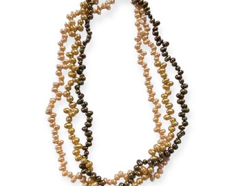 Freshwater Pearl Triple Strand Necklace in Pearlescent Two Tone, Artisan Made, 18” Long Multi Strand Necklace