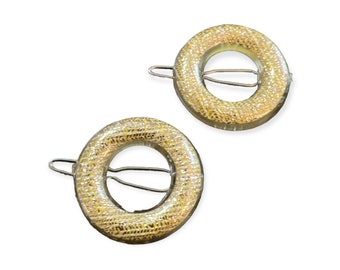 1960’s Mod Shimmery Gold Circle Barrettes, 1”, Pair of French Hair Clips