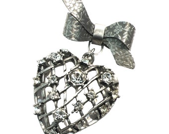 1950’s Heart Rhinestone Brooch with Bow  in Silver, Bold Mid Cenrury Statement Brooch