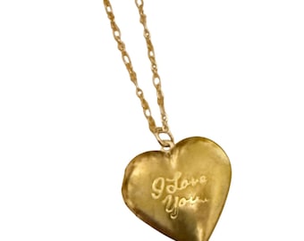 Vintage Oversized I Love You Heart Locket Pendant Necklace, Functional Brass Locket, 21”