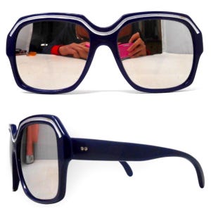 1970’s Oversized Mirrored Lens Sunglasses, Navy Blue & White, Made in France, UNISEX