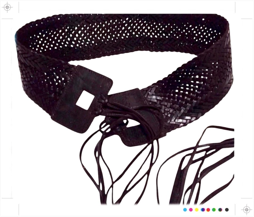 Y2K Wide Leather Woven Hip Belt W/ Fringe, Black, Handmade in NYC, NEW Y2K Bohemian Wide Leather Woven Hip Belt W/ Fringe in Black  main image 3