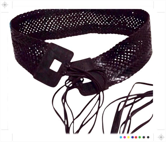 Y2K Bohemian Wide Leather Woven Hip Belt W/ Fringe in Black  display picture 2