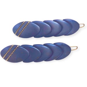 1970&#39;s Blue & Gold French Barrettes, Handmade Vintage French Barrettes, One Pair
