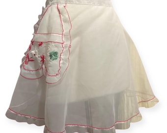 1950’s Adorable Sheer White Half Apron with a Large Floral Pocket Detail, Mid Century Kitch, Deadstock