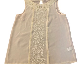Vintage Sheer Yellow 1950’s Inspired  Sleeveless Collared Blouse, Rockabilly Sleeveless Pastel Blouze, VLV,  Medium