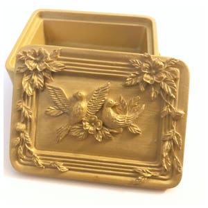 Sweet Vintage Handpainted Jewelry or Trinket Box, Gold Carved Jewelry Box w Birds, Small Keepsake Box
