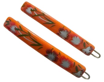 Horquillas francesas de los años 70 en color naranja con motivo floral, cierre de alambre, nuevas sin usar.